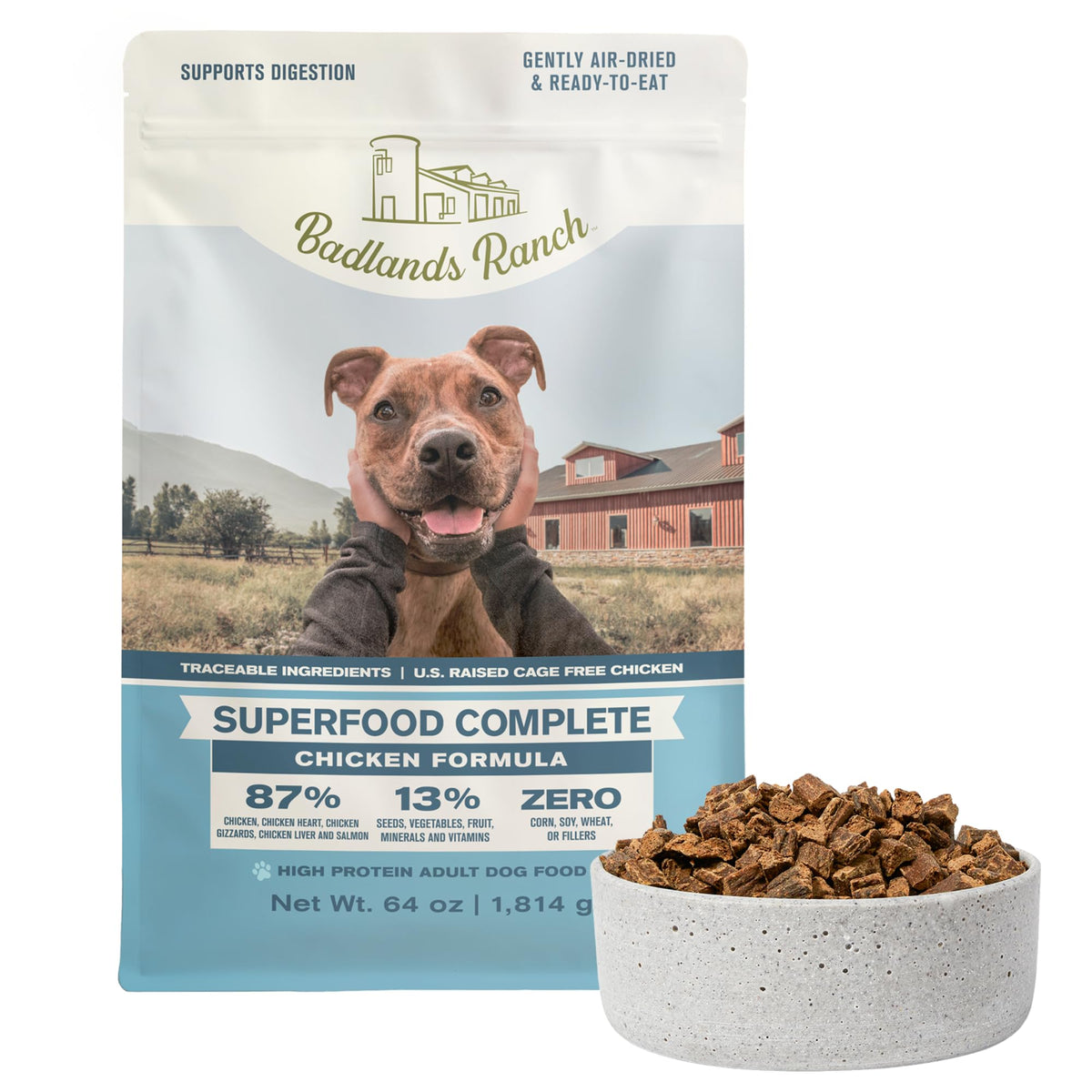 BADLANDS RANCH comida para perros de pollo deshidratada en bolsa, lista para servir