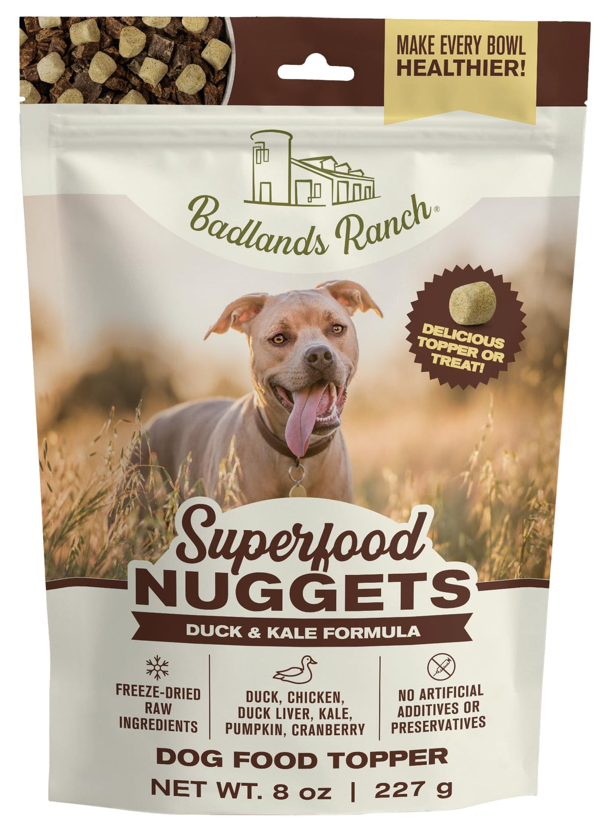 BADLANDS RANCH bocaditos de pato y col rizada, premio nutritivo para perros.