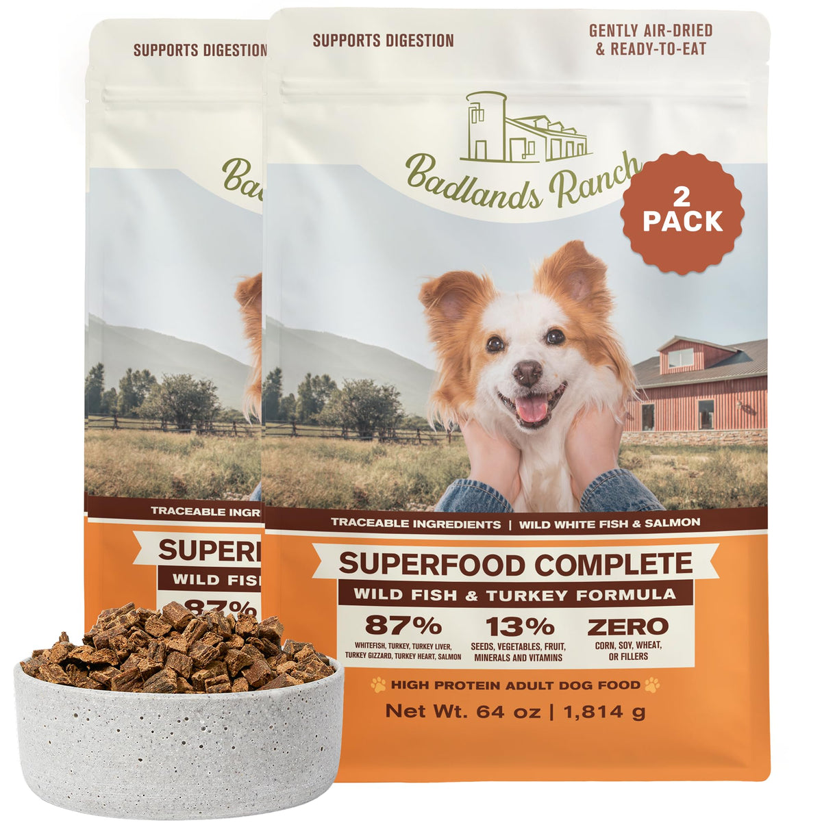 BADLANDS RANCH Superalimento Completo, porciones en bol para perros activos.