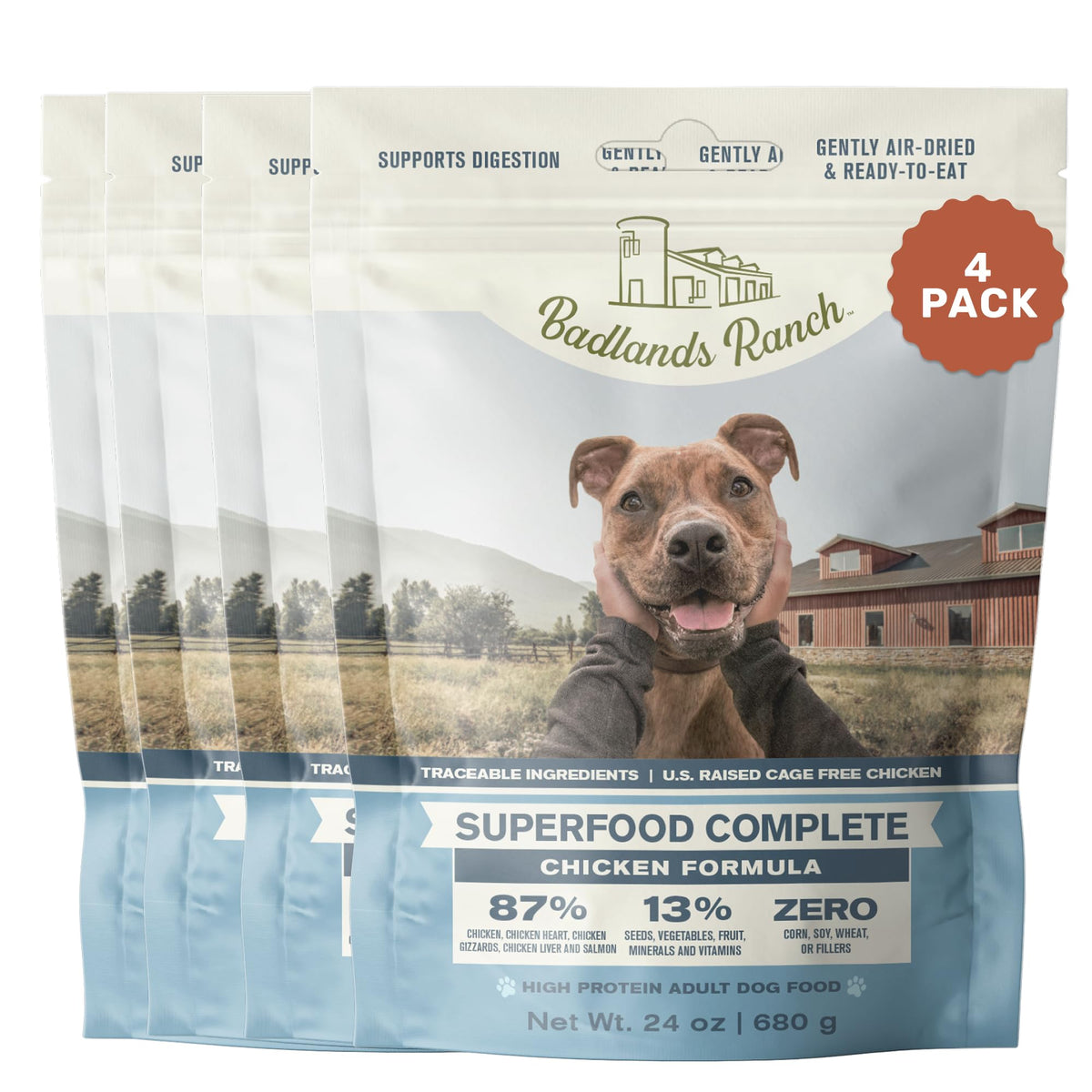 BADLANDS RANCH Superfood Complete en bolsa 4-pack, nutrición conveniente para perros activos