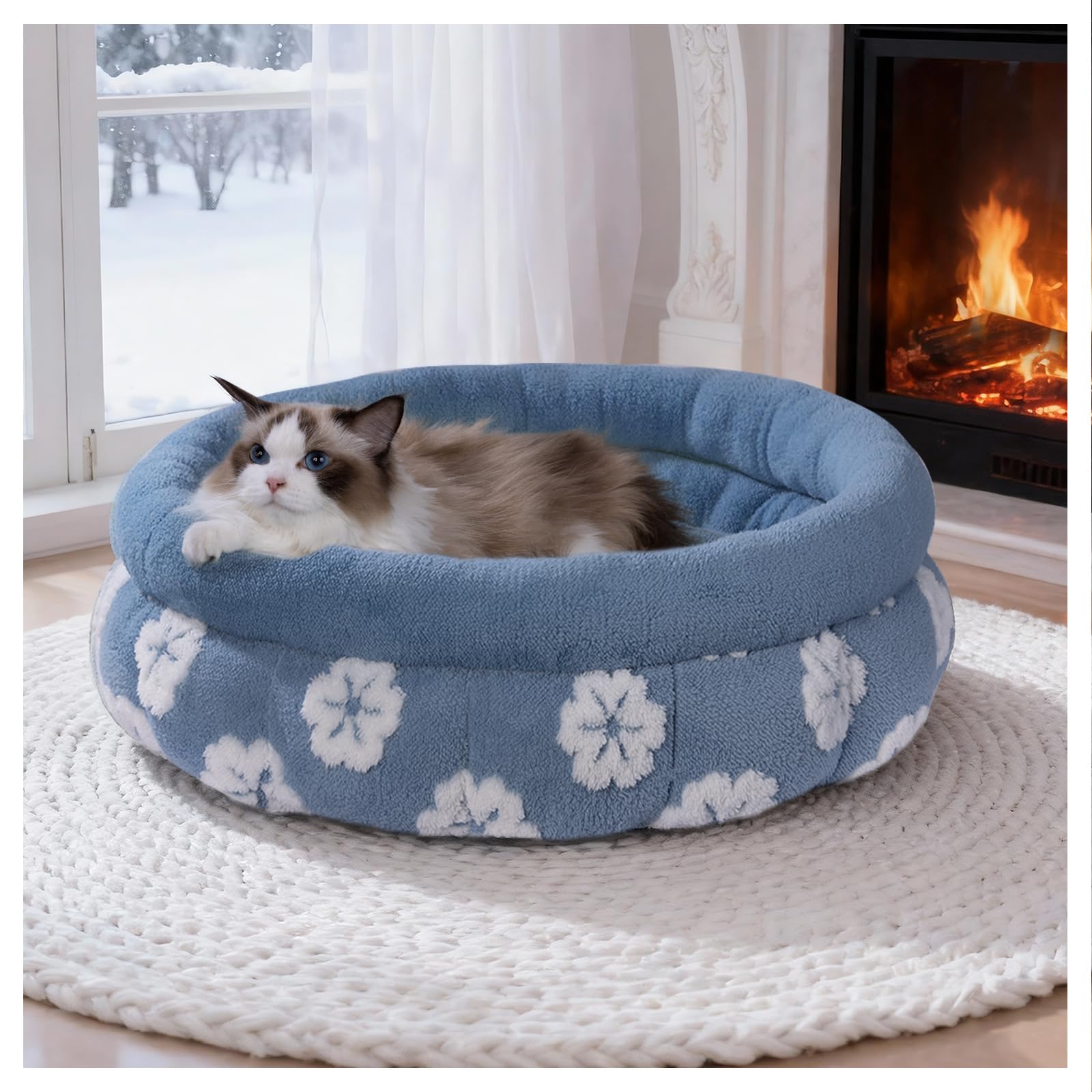 BALANCE cama para gatos redonda de 23 pulgadas en azul, comodidad envolvente para siestas