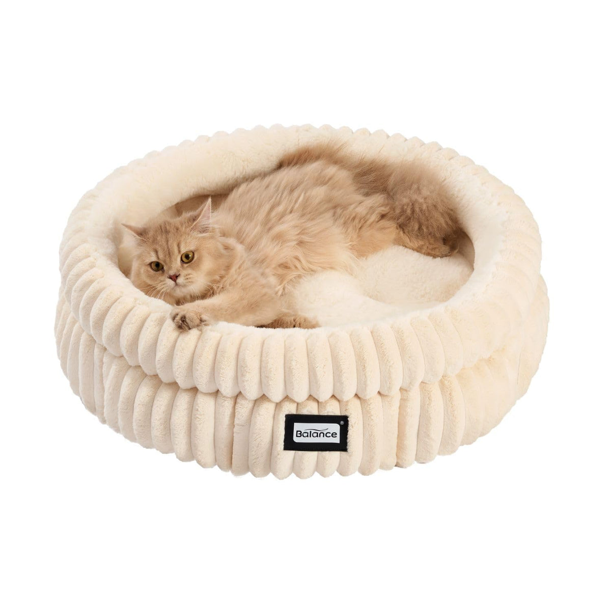 BALANCE Cama para gato redonda con borde alto para soporte del cuello.