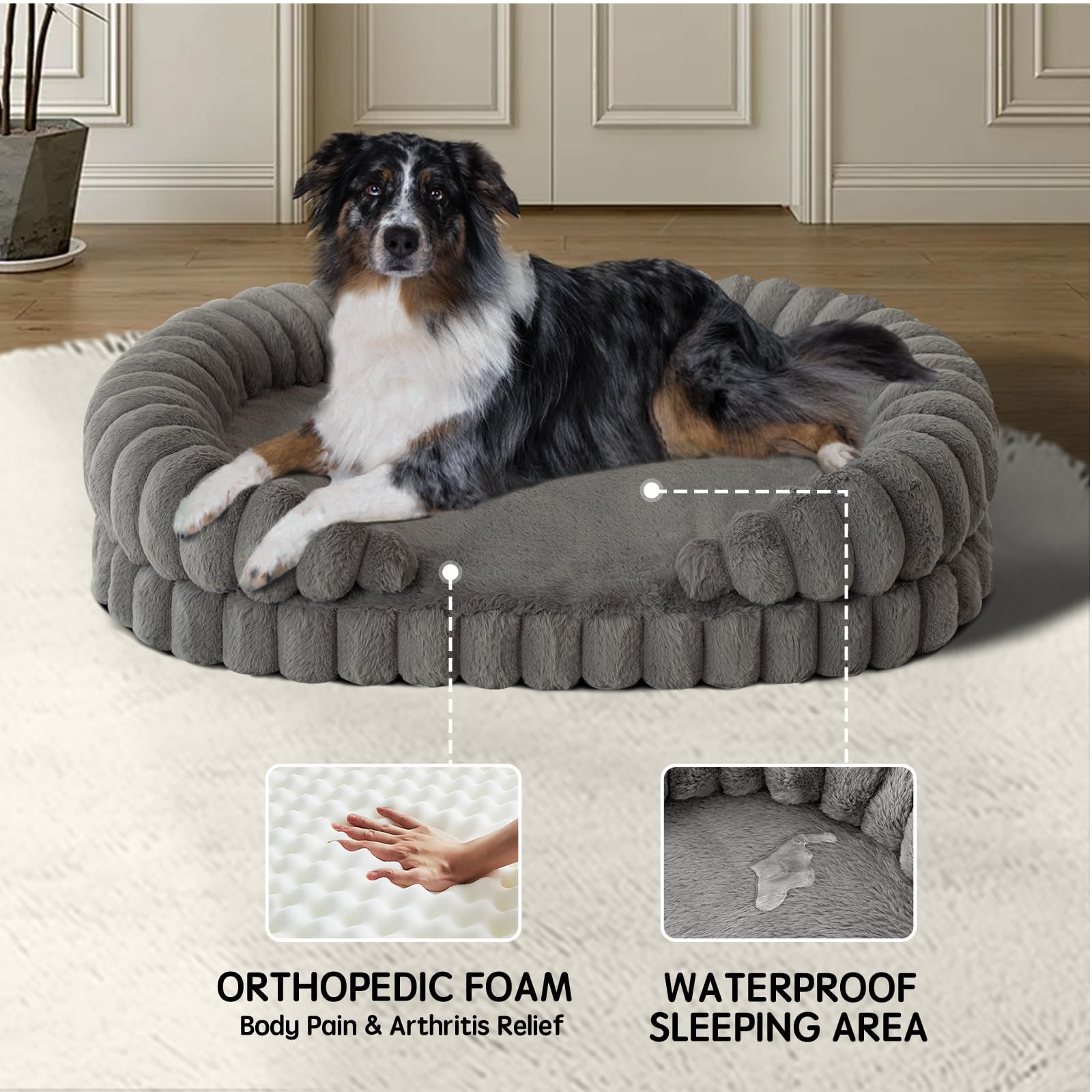 BALANCE cama para perro borde acolchado, primer plano ofrece soporte cómodo para cuello.