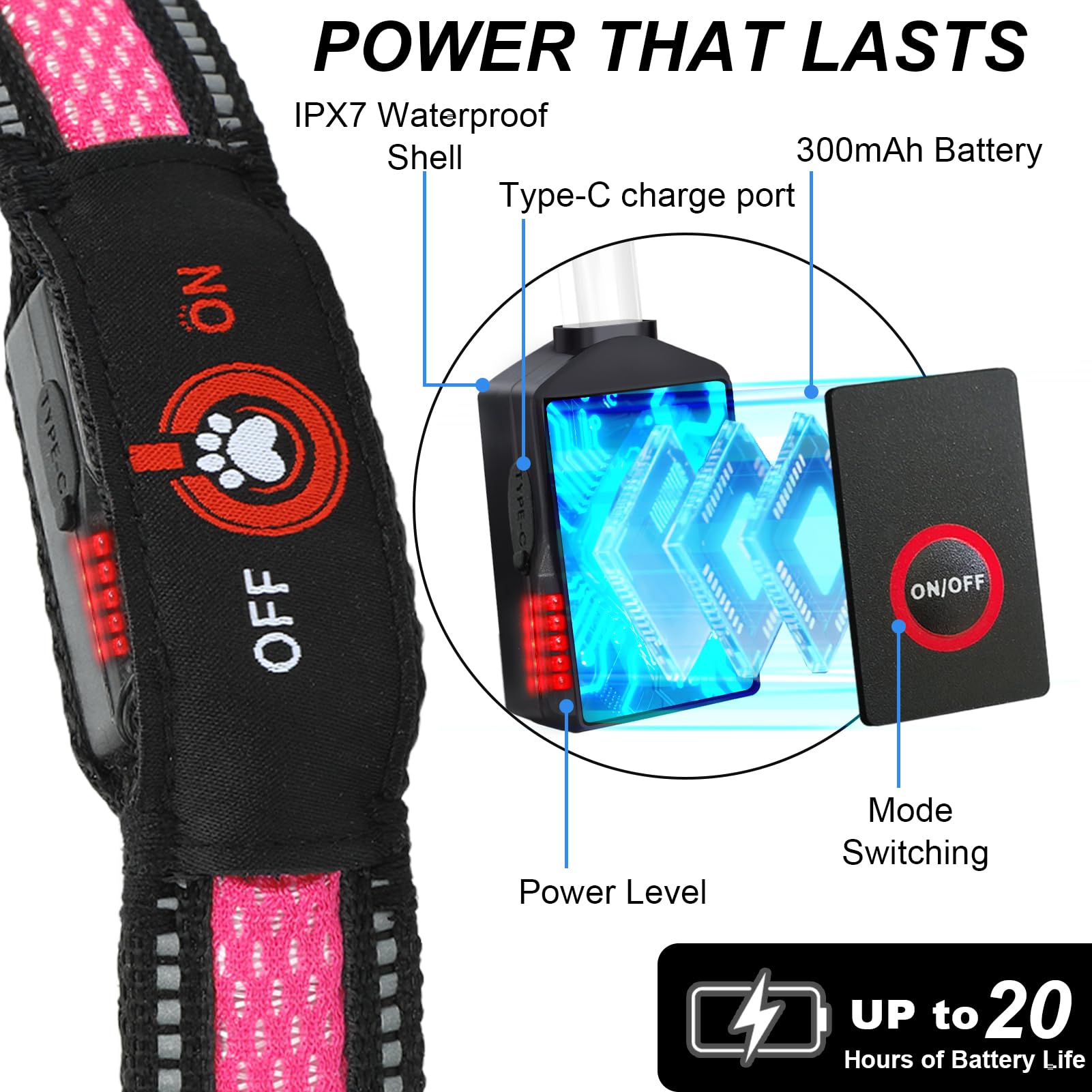 Bamda collar lumínico rosa para uso exterior, ideal para senderismo y caminatas vespertinas.