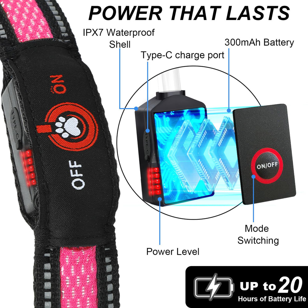 Bamda collar lumínico rosa para uso exterior, ideal para senderismo y caminatas vespertinas.