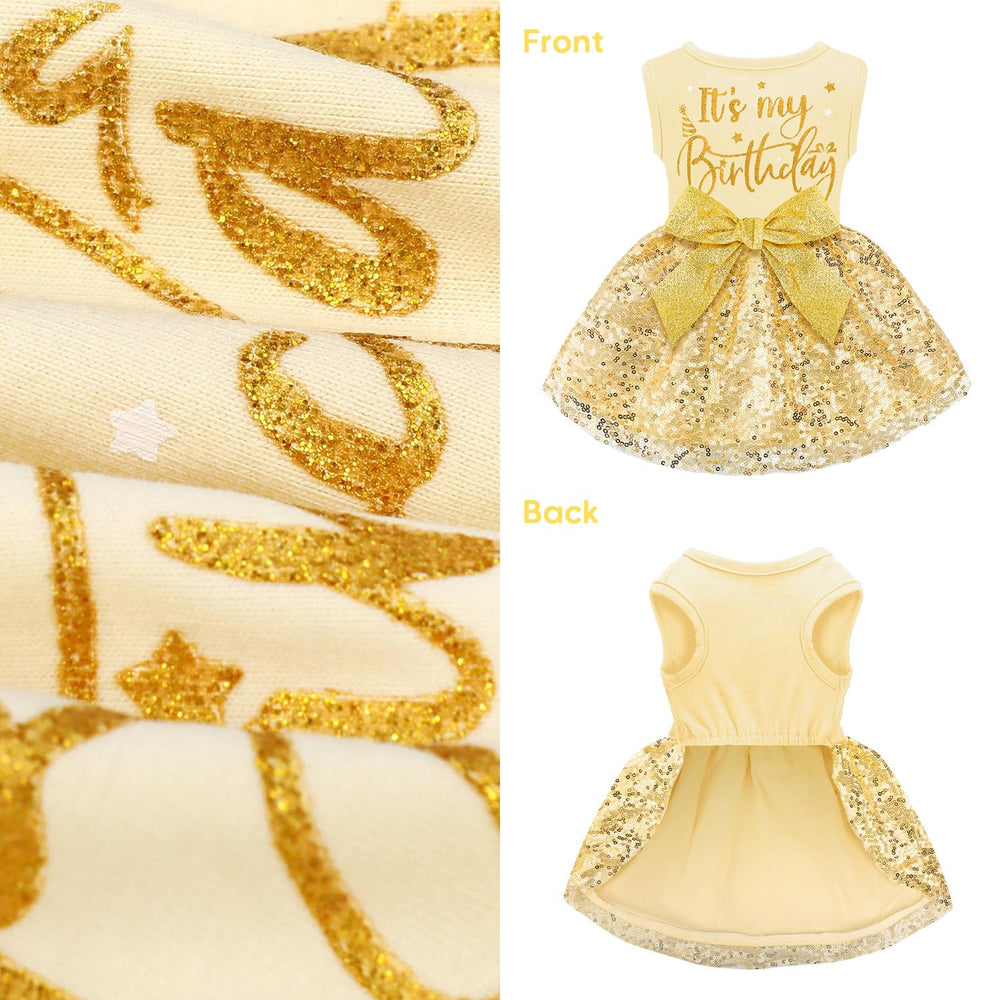 Corona de princesa y lazo dorado en el vestido BAOBICUTE.