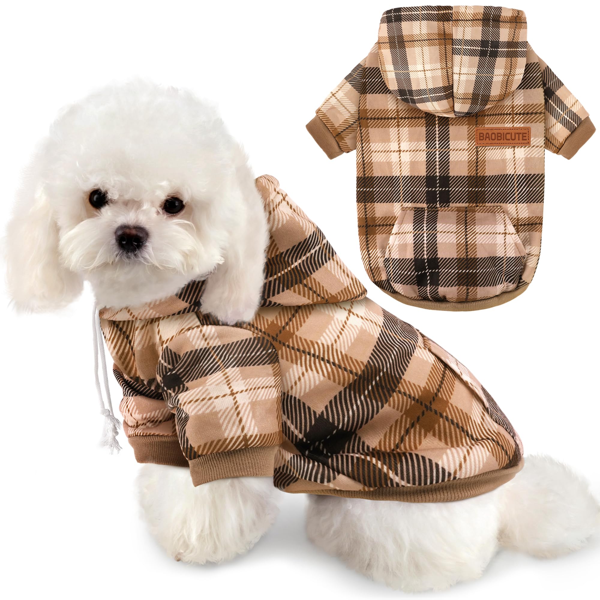 Baobicute sudadera para perro con capucha caqui a cuadros, abrigo cálido para días fríos