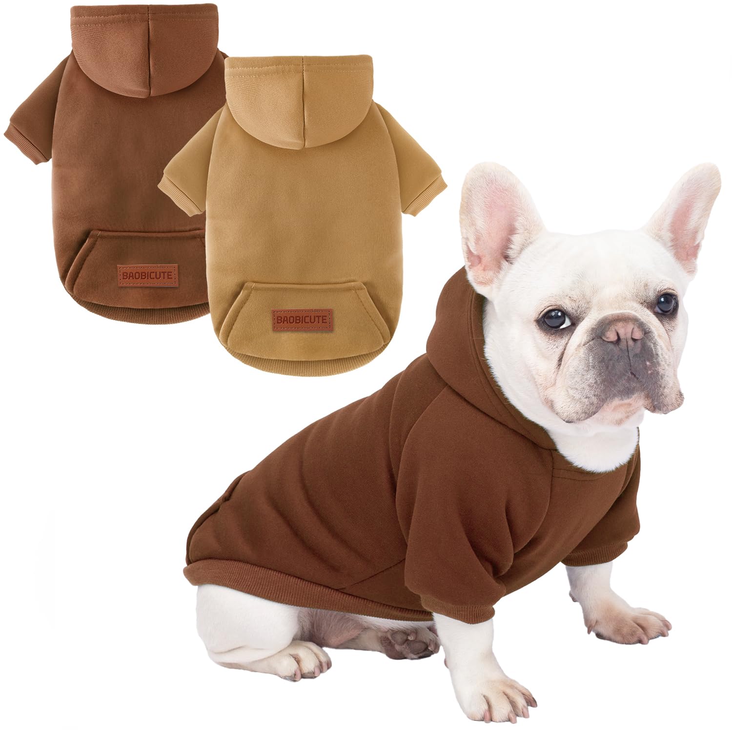 Baobicute sudadera para perro, vista frontal con capucha, ideal para paseos fríos.
