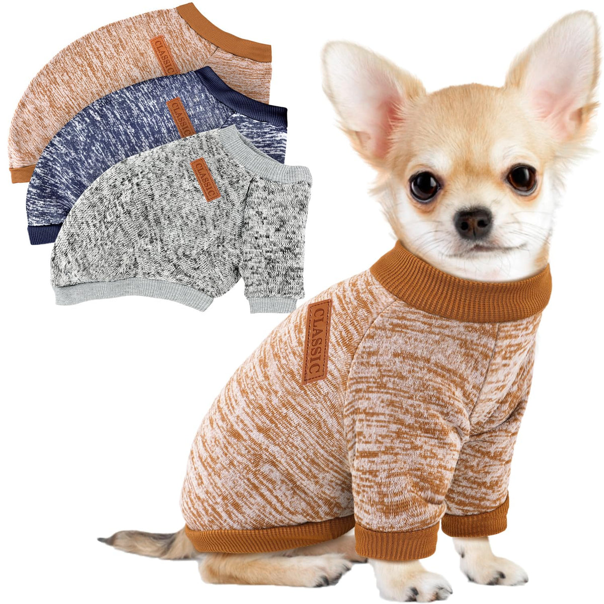 Baobicute trío de suéteres para perros pequeños, frente, abrigo cálido para paseos.