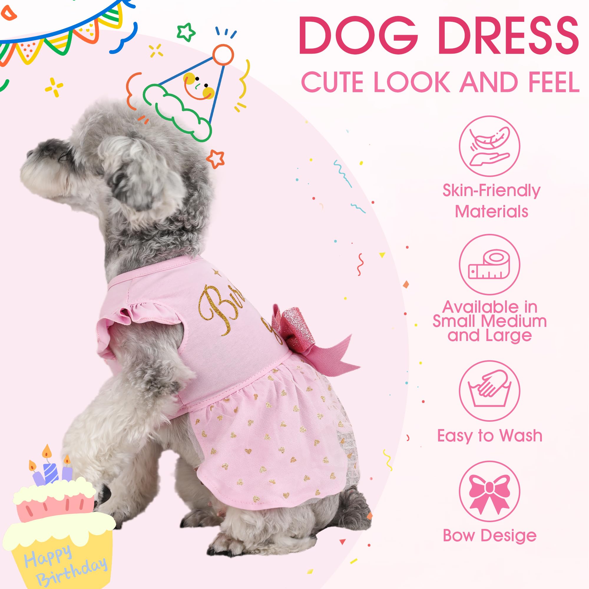 Baobicute vestido para mascotas, tallas XXS–XL, rosado.