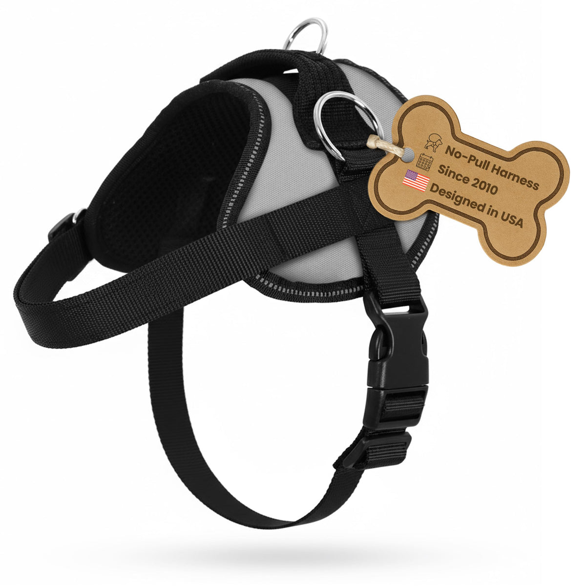 Arnés gris Bark Appeal sin tirones para perros grandes, ajuste cómodo para caminatas largas.