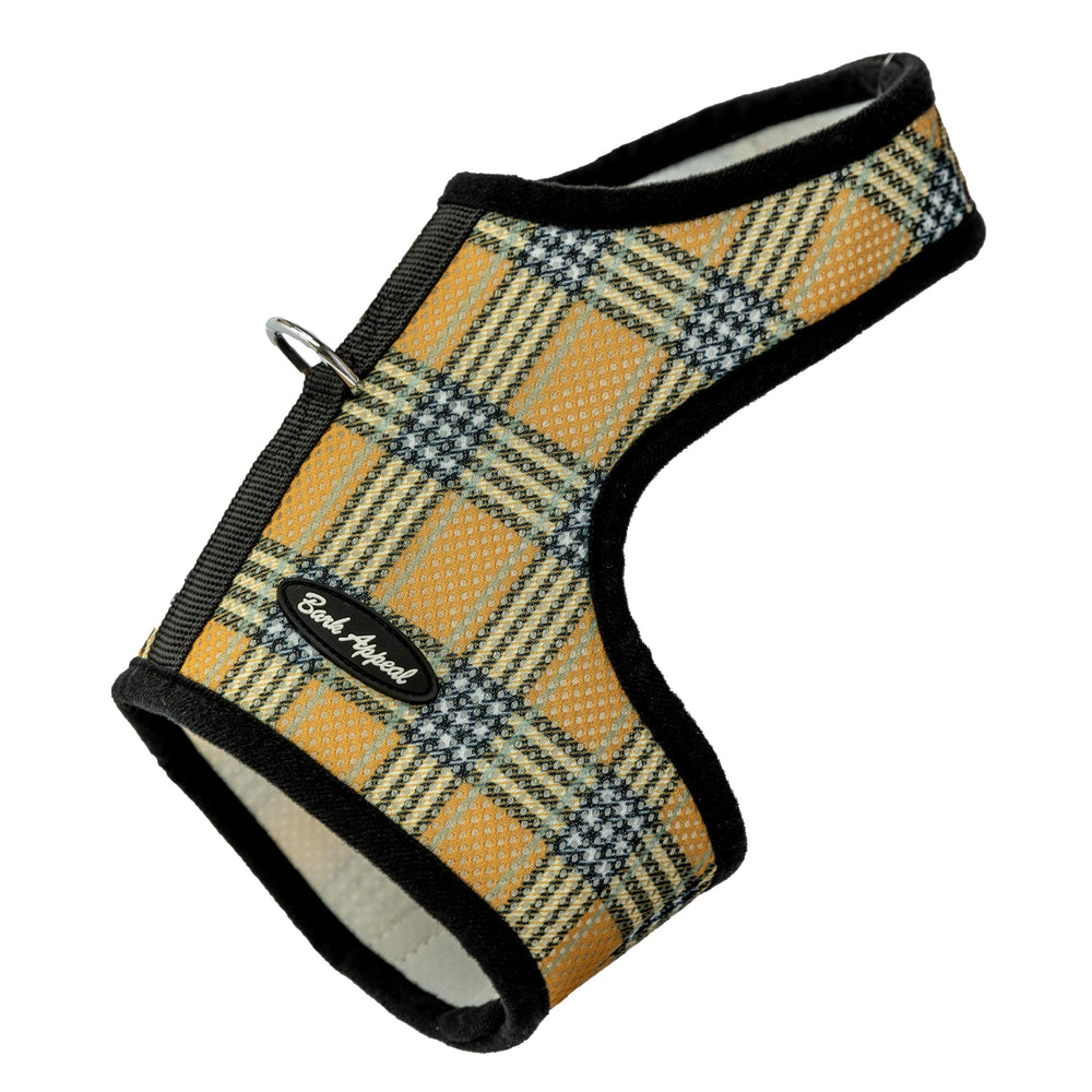 Arnés Bark Appeal Wrap N Go tono caoba a cuadros con malla suave para paseos diarios
