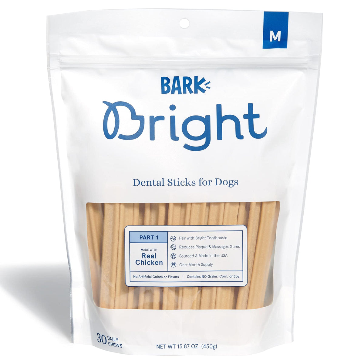 BARK Bright palitos dentales con pollo real, hecho en EE. UU., para uso diario.