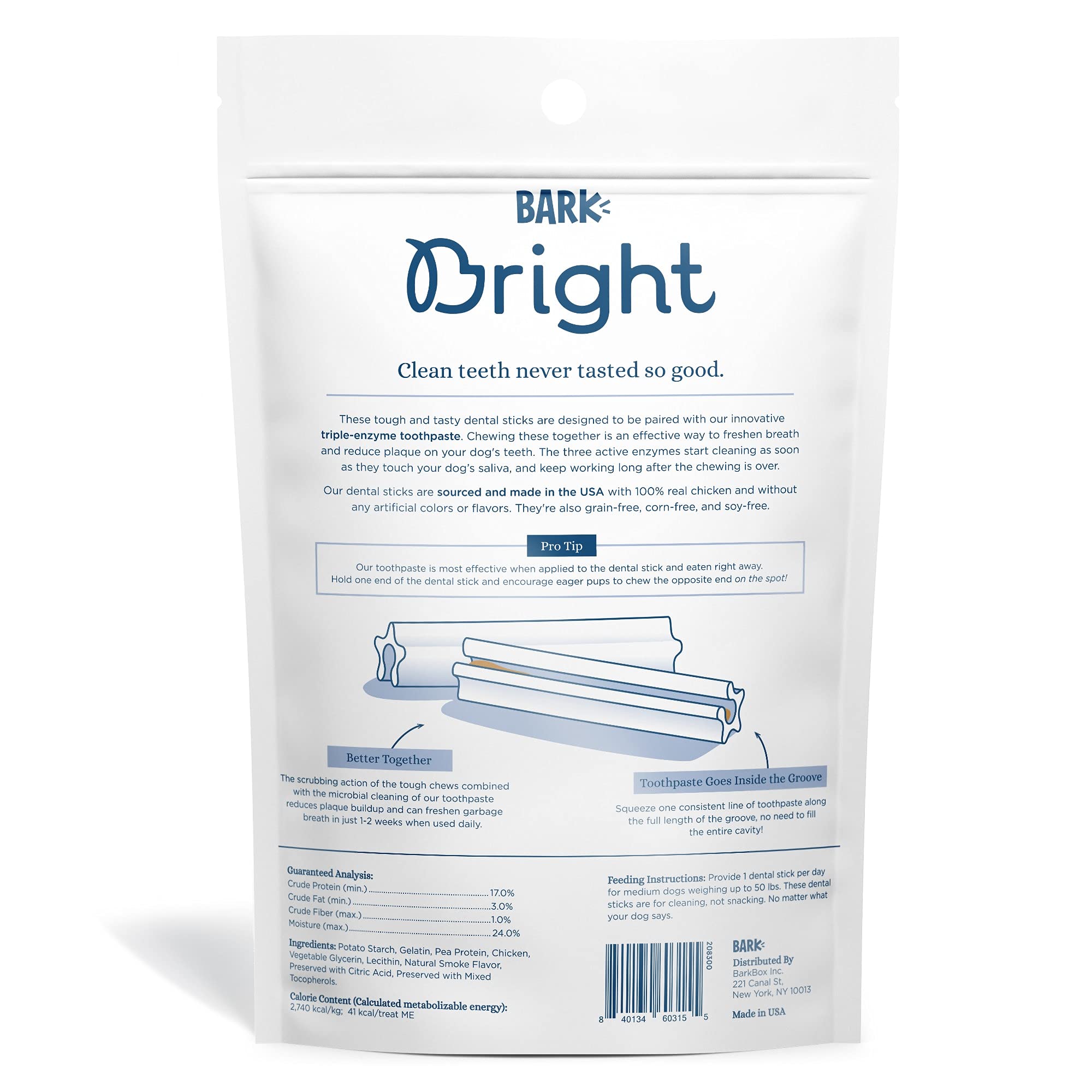 Palitos dentales Bark Bright, textura dura para masticación controlada.