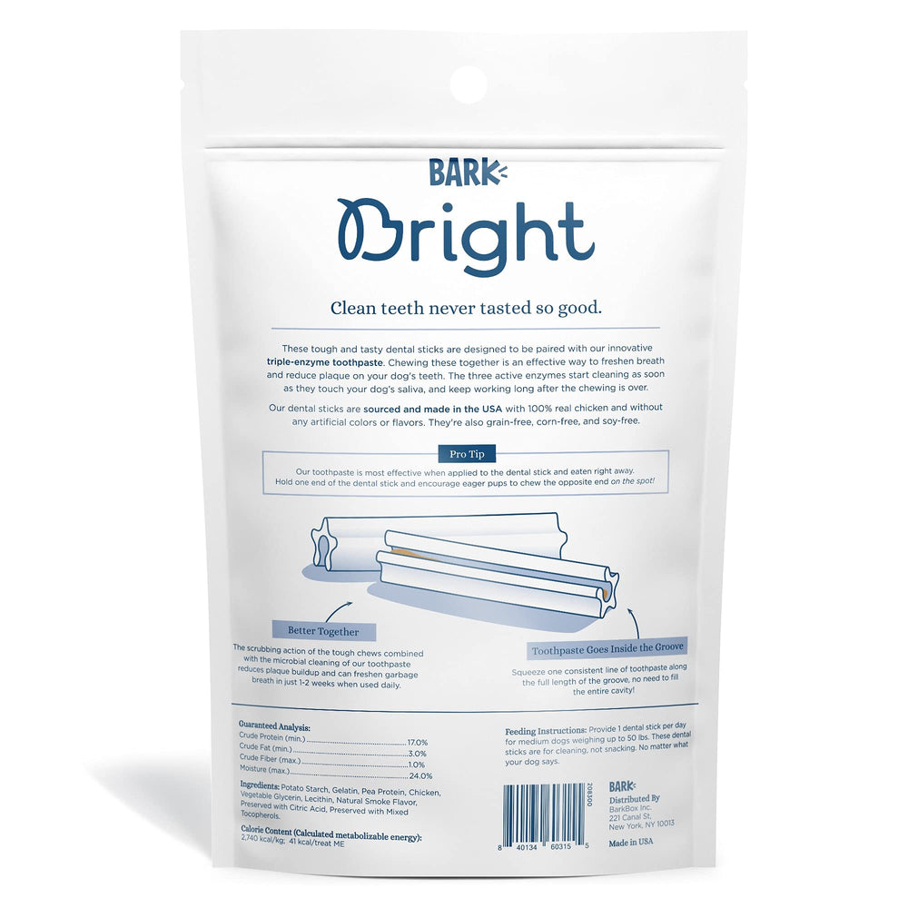 Palitos dentales Bark Bright, textura dura para masticación controlada.