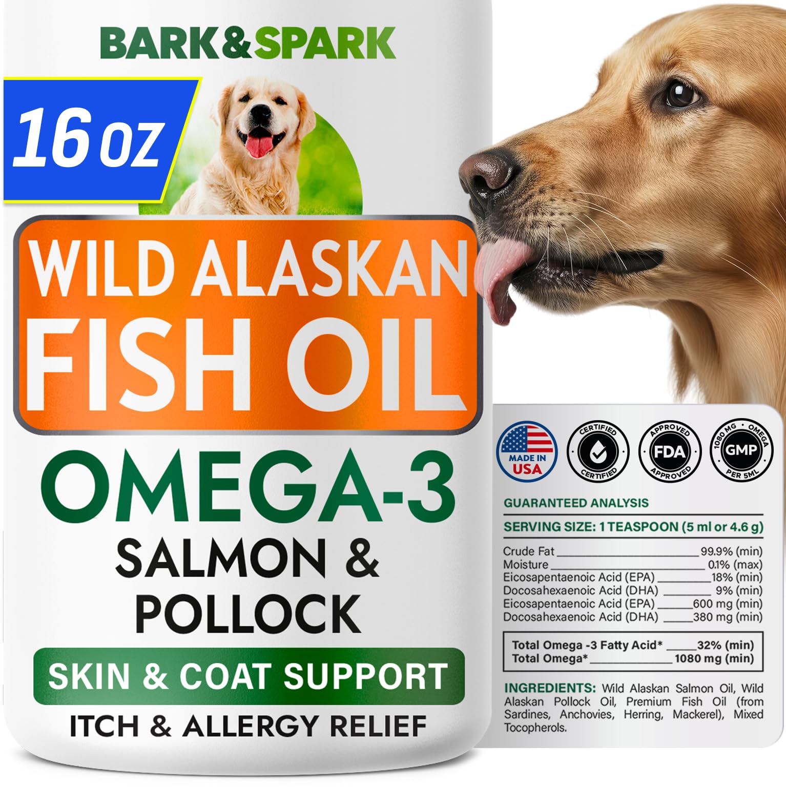 BARK&SPARK aceite de pescado para perros en botella con bomba, fácil de dosificar.