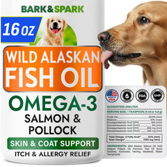 BARK&SPARK aceite de pescado para perros en botella con bomba, fácil de dosificar.
