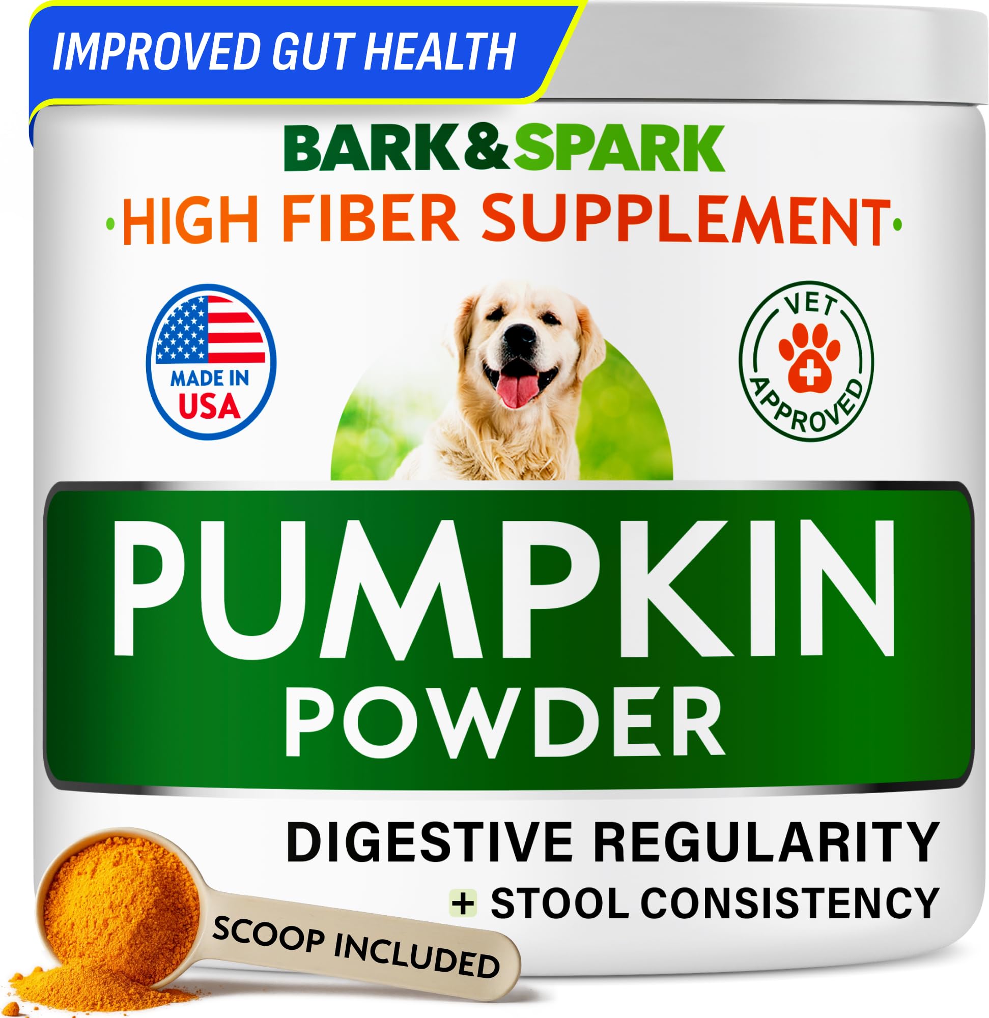 Polvo de calabaza BARK&SPARK para perros en frasco, apoya digestión suave.