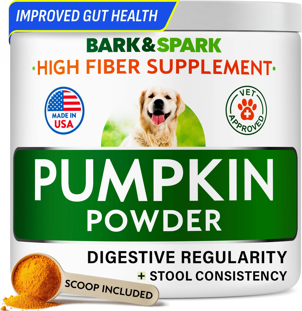 Polvo de calabaza BARK&SPARK para perros en frasco, apoya digestión suave.