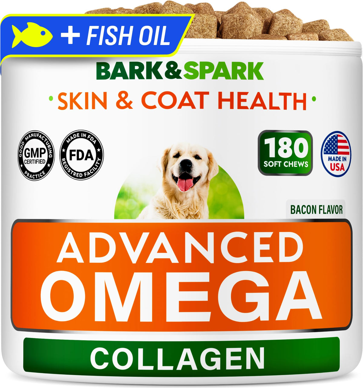 Golosinas de Bark&SPARK omega-3 para perros, promueven un pelo brillante y saludable.