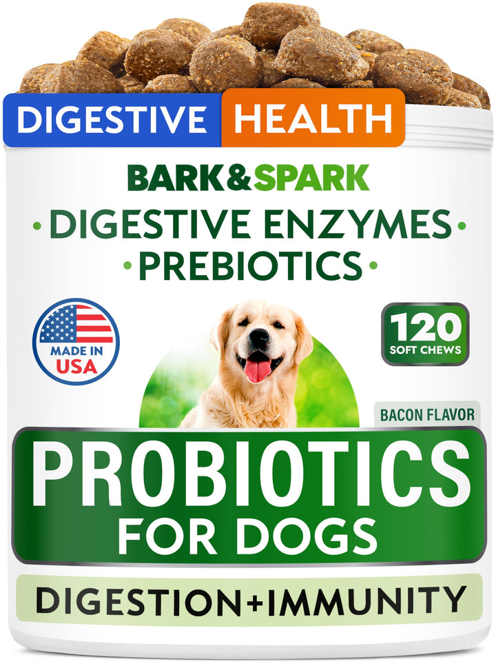 BARK&SPARK probióticos para perros en bote, apoyo digestivo diario.