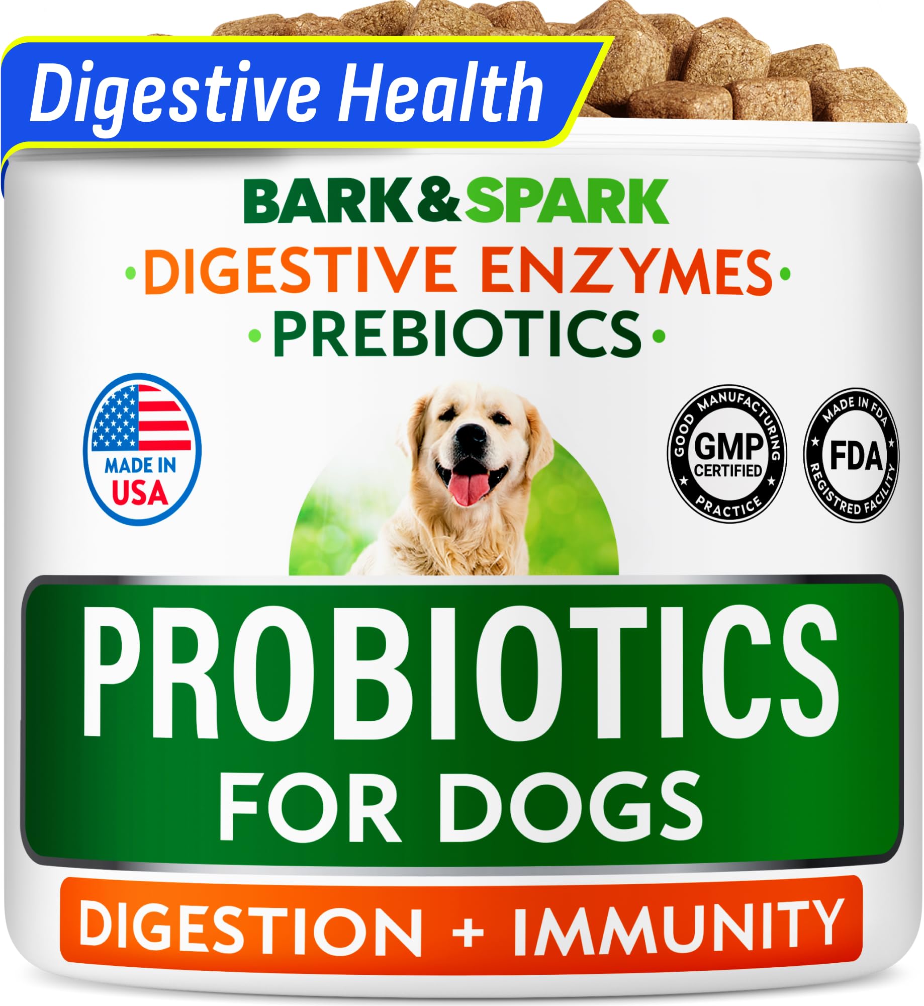 BARK&amp;SPARK probióticos para perros: empaque visible para digestión diaria.