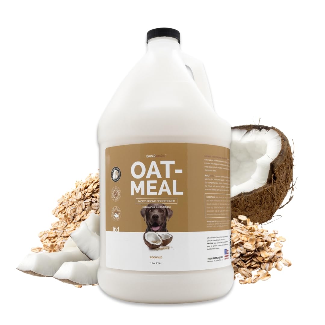 Acondicionador Bark2Basics de avena en galón con etiqueta, preparado para uso profesional.