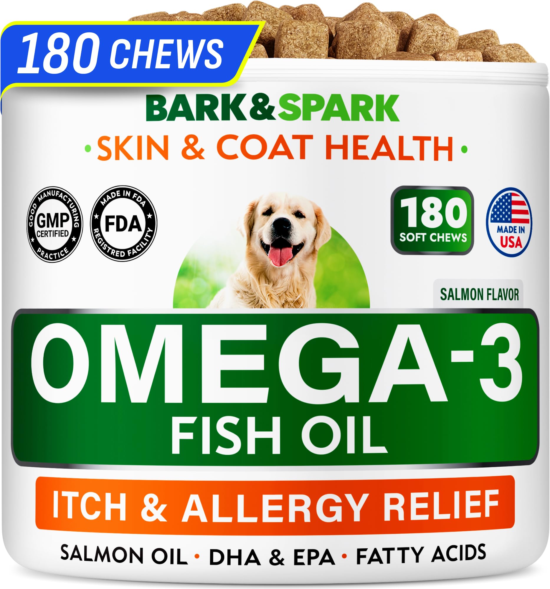 BARK&SPARK Omega-3 para perros, bote con 180 golosinas de salmón promueve piel y pelaje saludables.