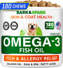 BARK&SPARK Omega-3 para perros, bote con 180 golosinas de salmón promueve piel y pelaje saludables.