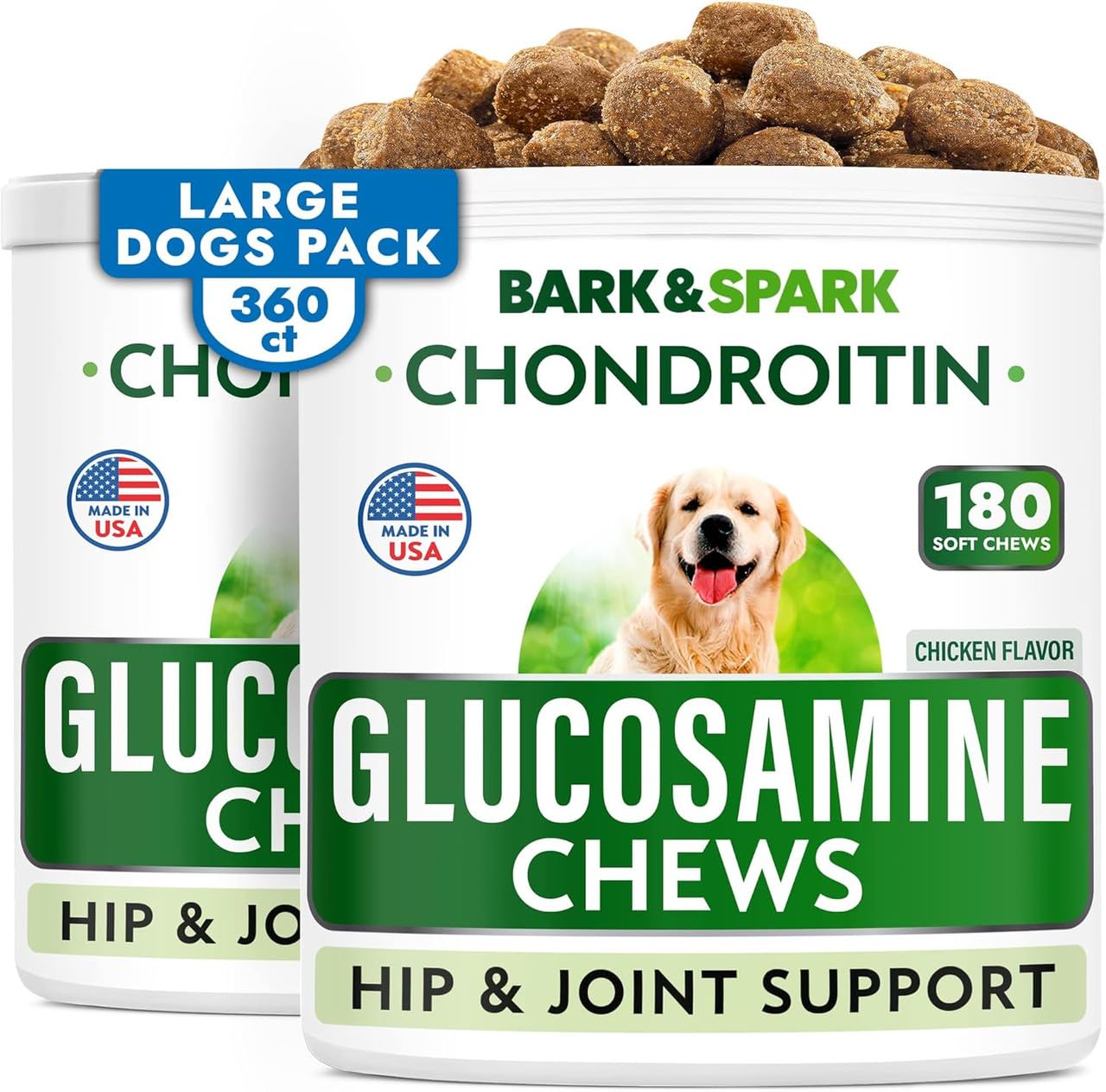 BARK&SPARK Glucosamina y Condroitina para perros, envase 360, movilidad mejorada