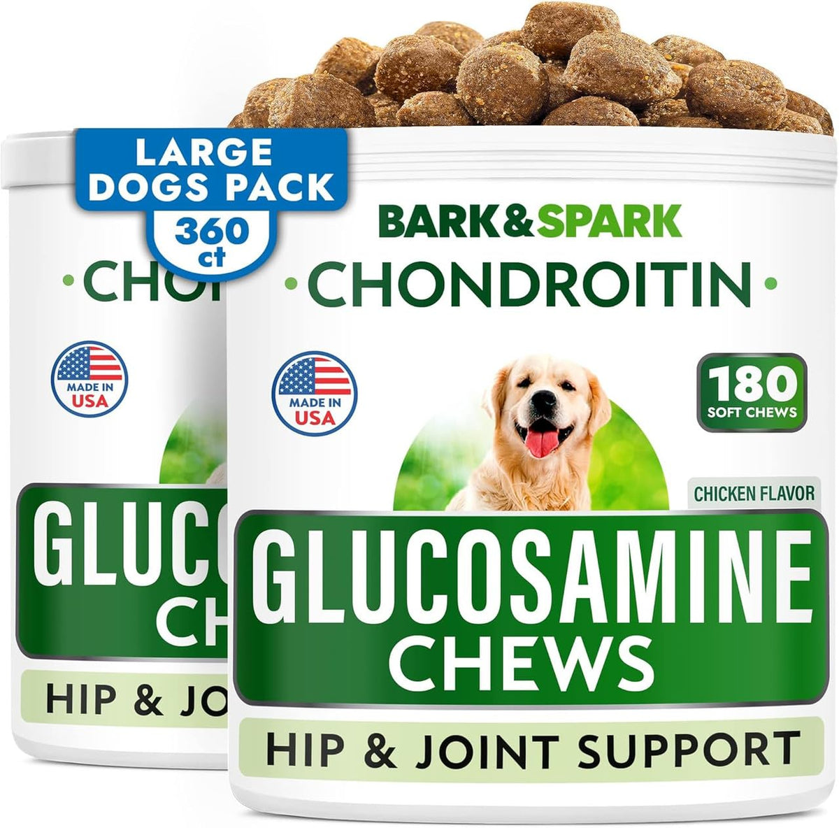 BARK&SPARK Glucosamina y Condroitina para perros, envase 360, movilidad mejorada