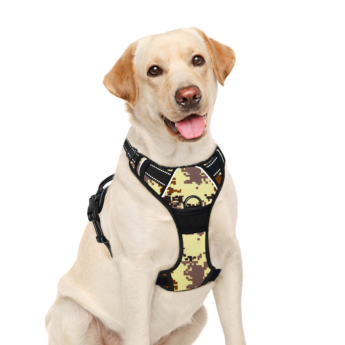 BARKBAY arnés camuflaje desierto con clip frontal para control suave durante paseos.