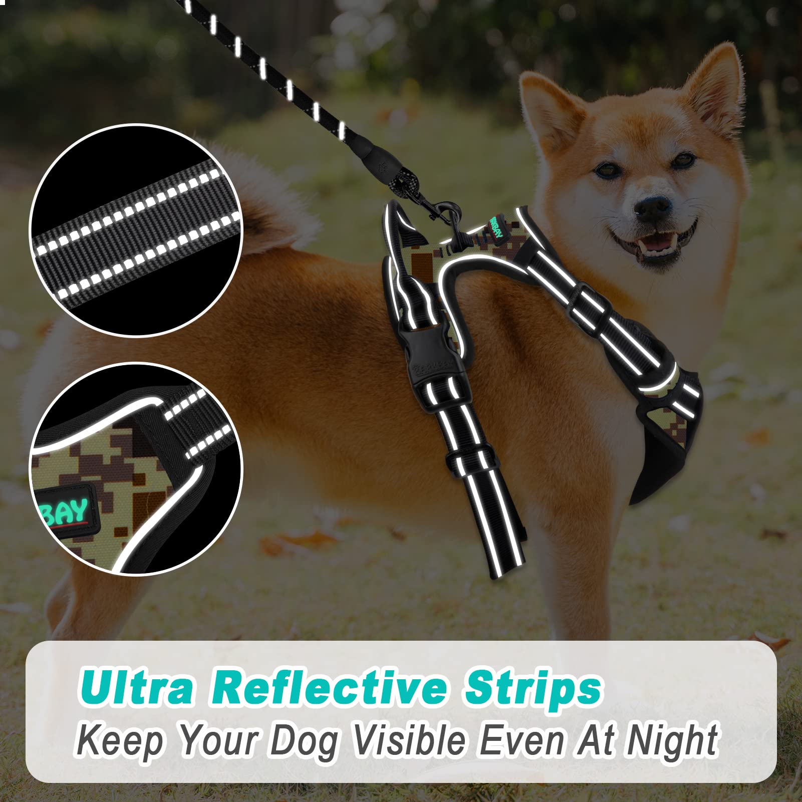 BARKBAY arnés camuflaje desierto con tiras reflectantes para visibilidad nocturna.