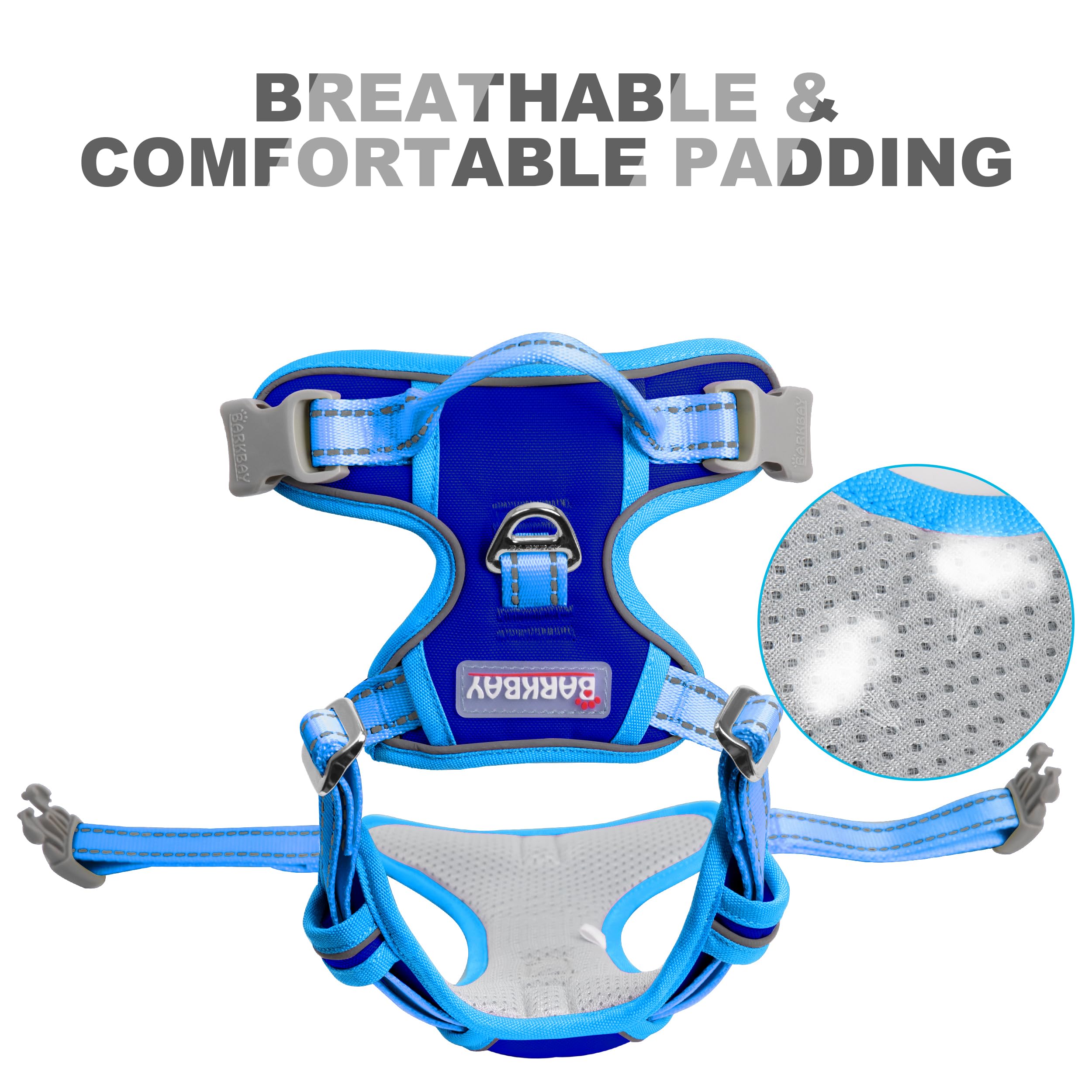 Arnés BarkBay para perros grandes en azul zafiro, ideal para paseos diarios.