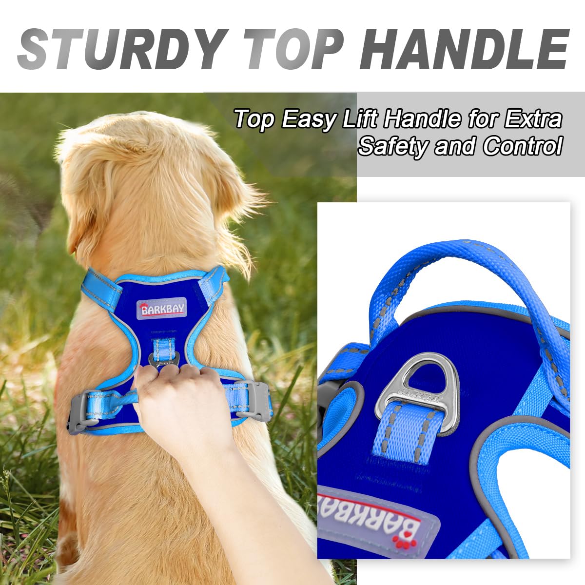 BARKBAY arnés con mango superior para mayor control durante caminatas.