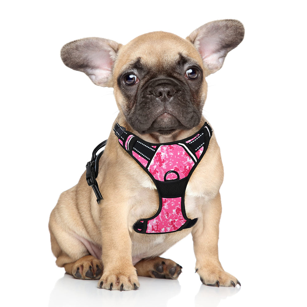Arnés BarkBay sin tirones rosa camuflaje frente para paseos con control cómodo