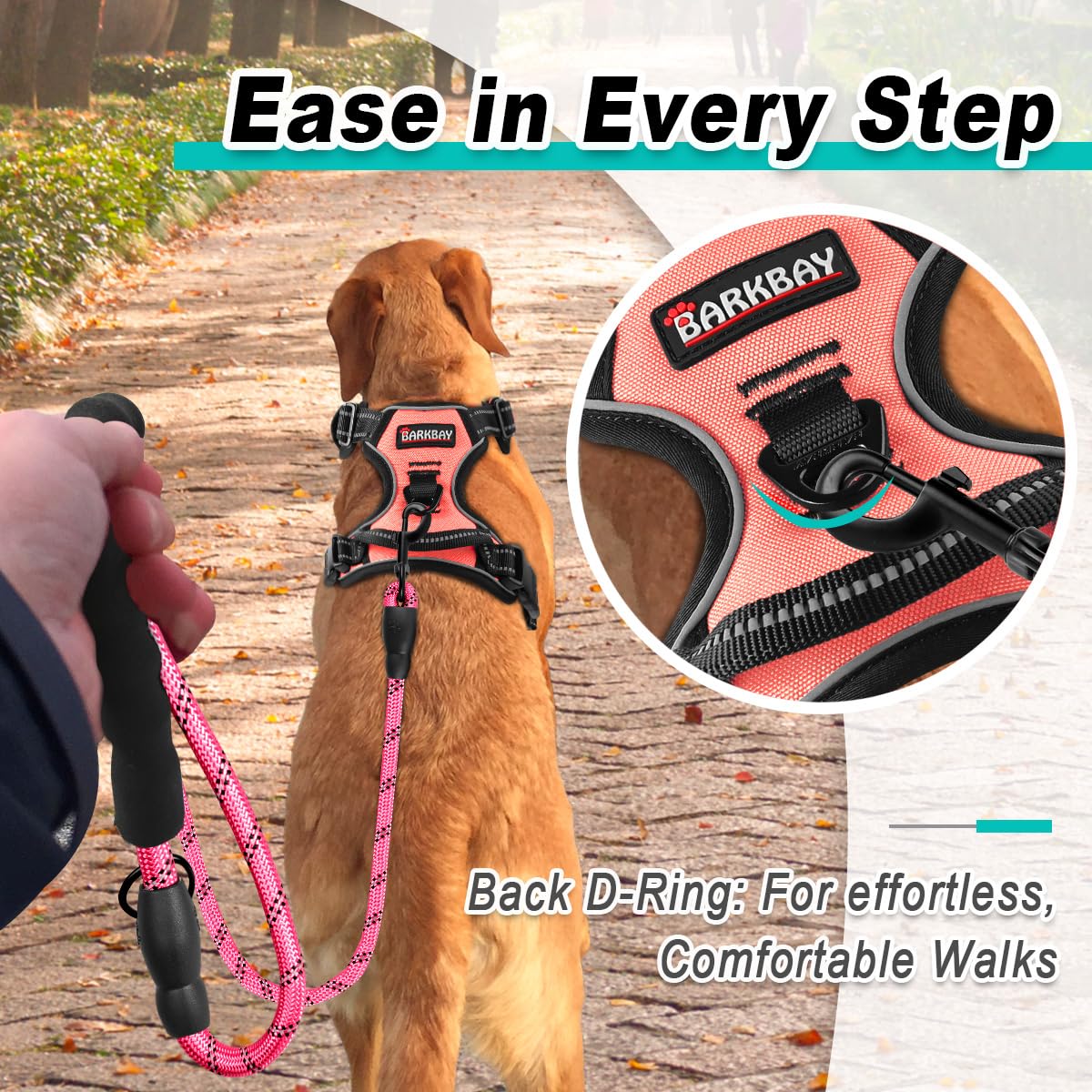 Arnés BarkBay reflectivo en rosa claro para mayor visibilidad al pasear.