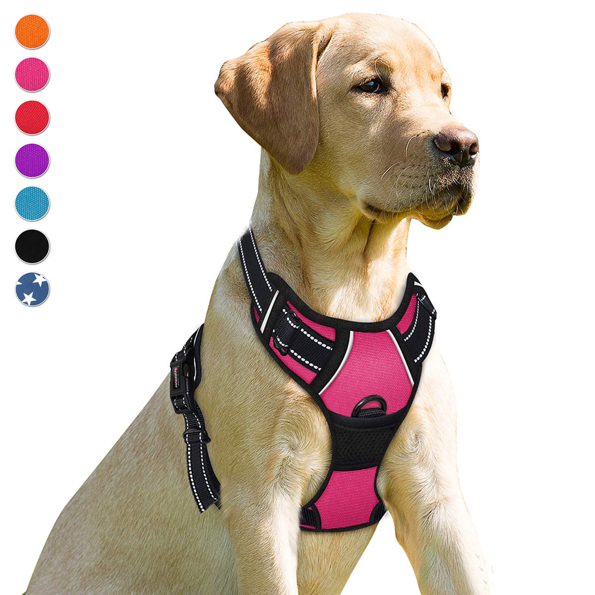 BARKBAY arnés sin tirón con clip frontal en rosado, ideal para paseos controlados.