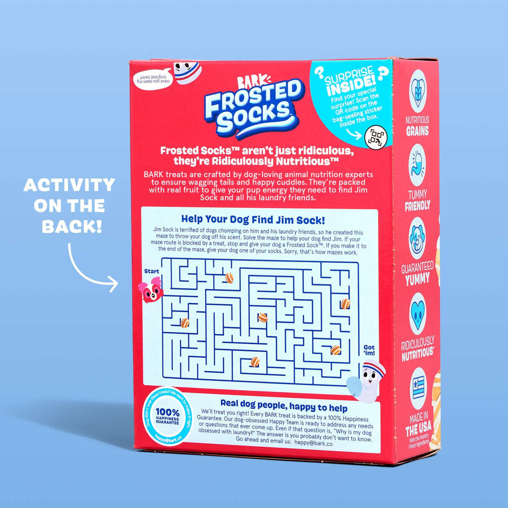 BarkBox Frosted Socks crujientes y divertidos, experiencia sensorial atractiva.