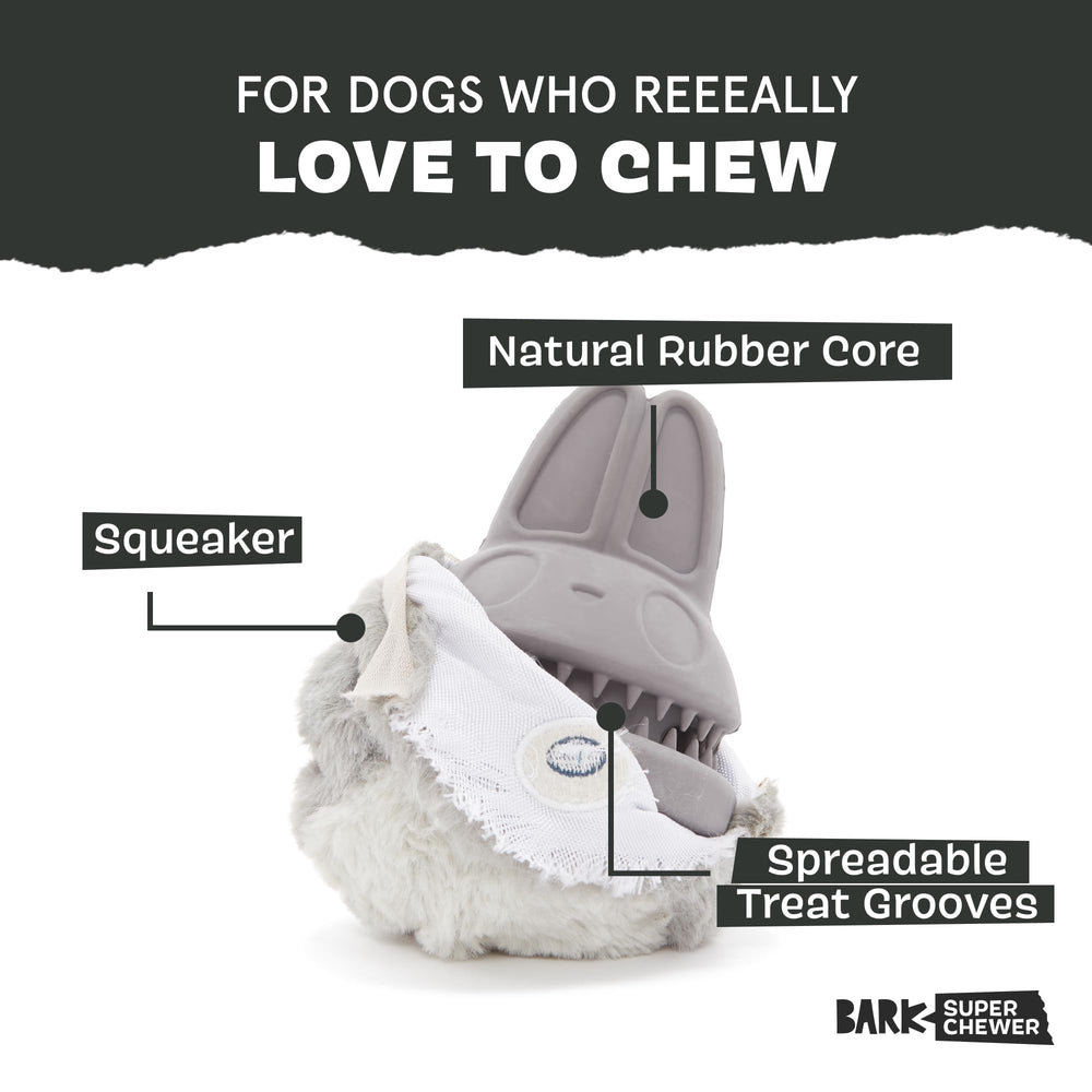 Barkbox Hare Raiser: núcleo goma dura para mordidas seguras y resistentes.