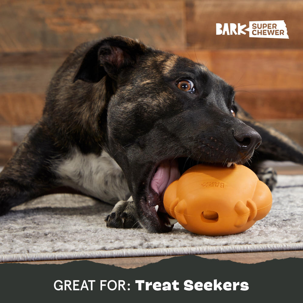 Juguete BarkBox de pavo relleno que estimula mentalmente con premios.