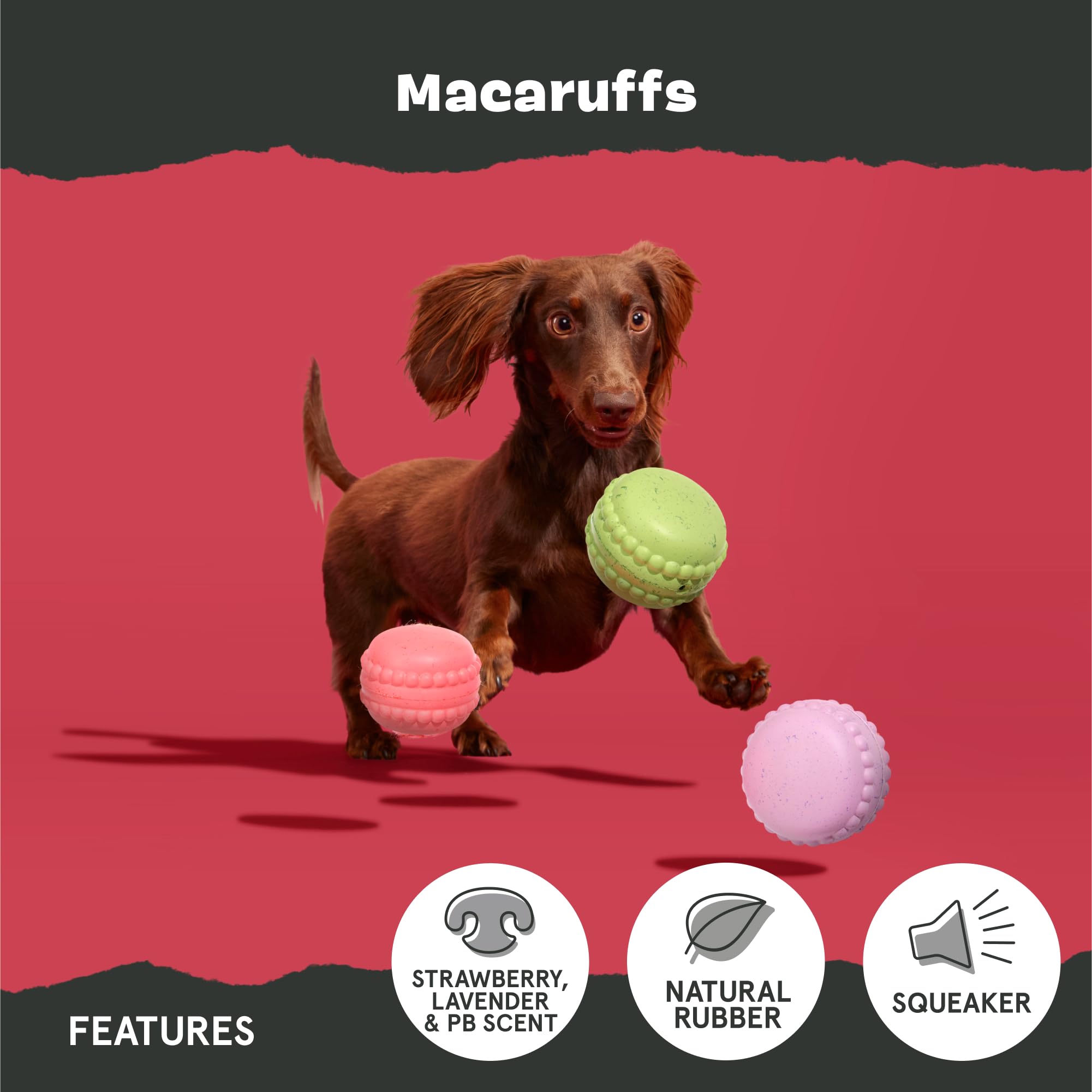 Macaruffs BarkBox: juguete de goma mani, sabor sugerente para más interacción.