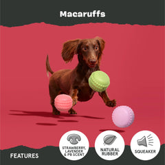 Macaruffs BarkBox: juguete de goma mani, sabor sugerente para más interacción.