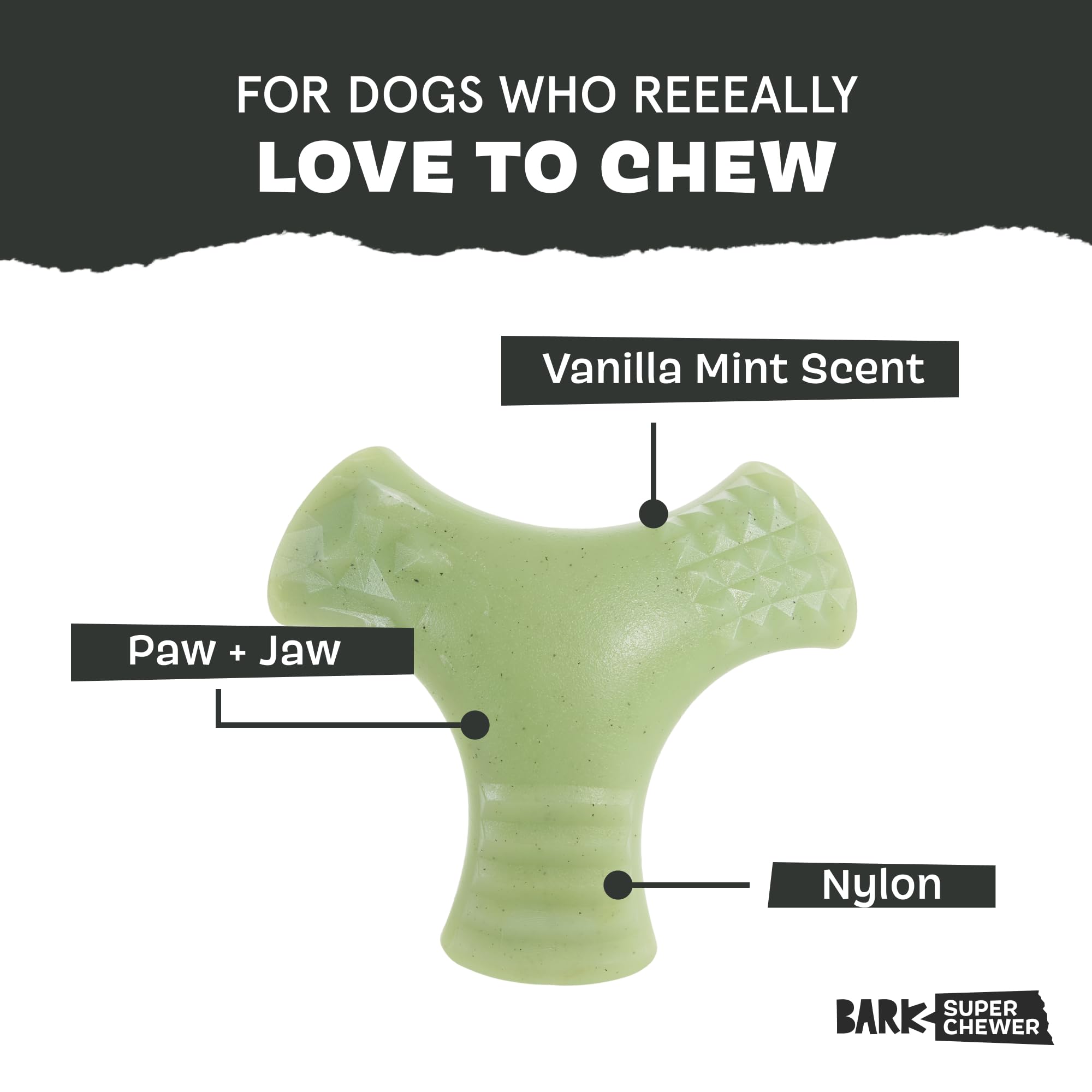 Texturas estimulantes en Barkbox Chopper Pequeño para masticar más tiempo.