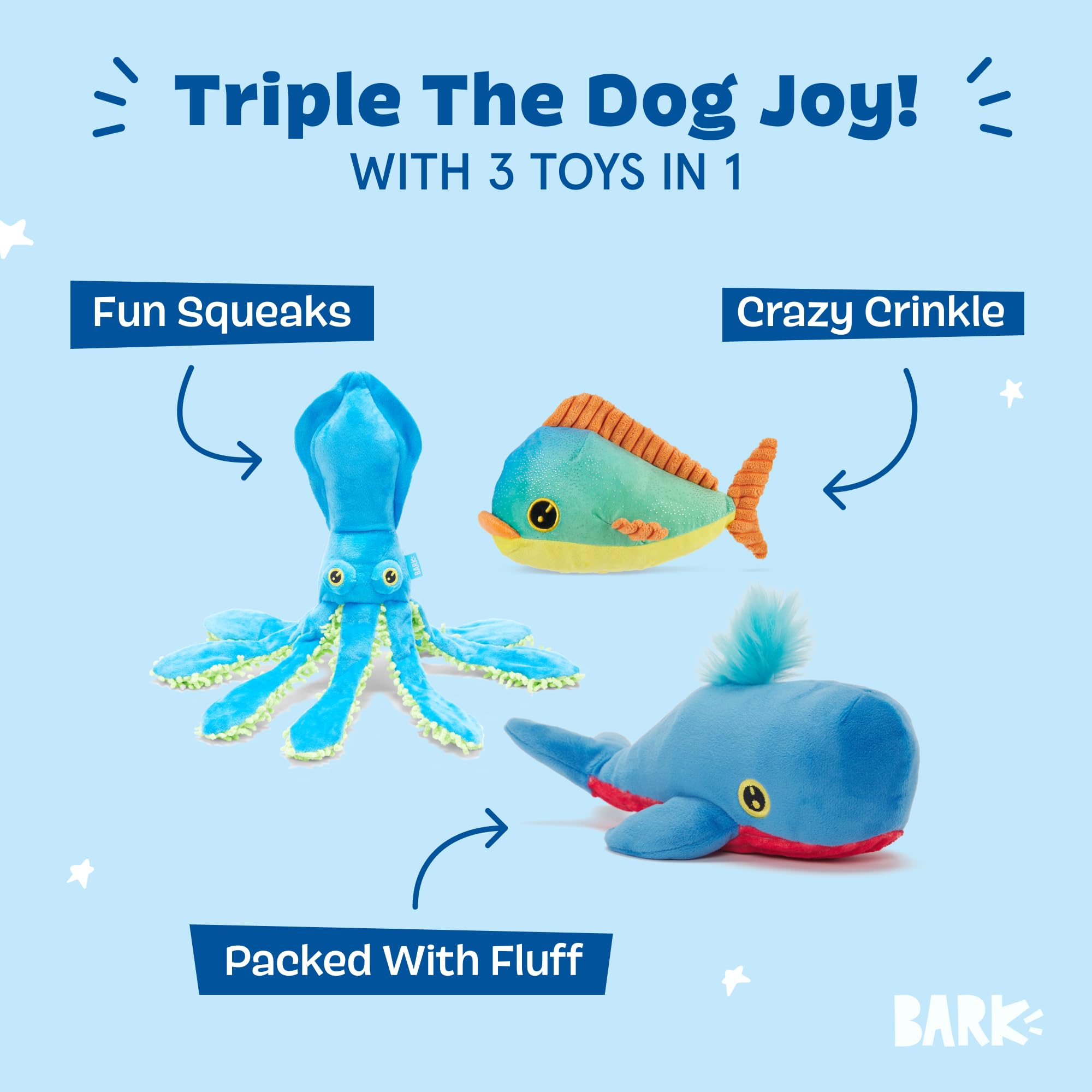 Juguete calamar Shify Sid de Barkbox para juego interactivo y chirrido