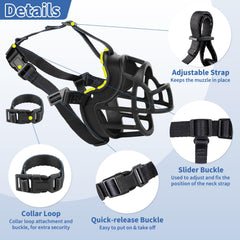 Bozal Barkless con correa de cuello removible para mayor estabilidad.