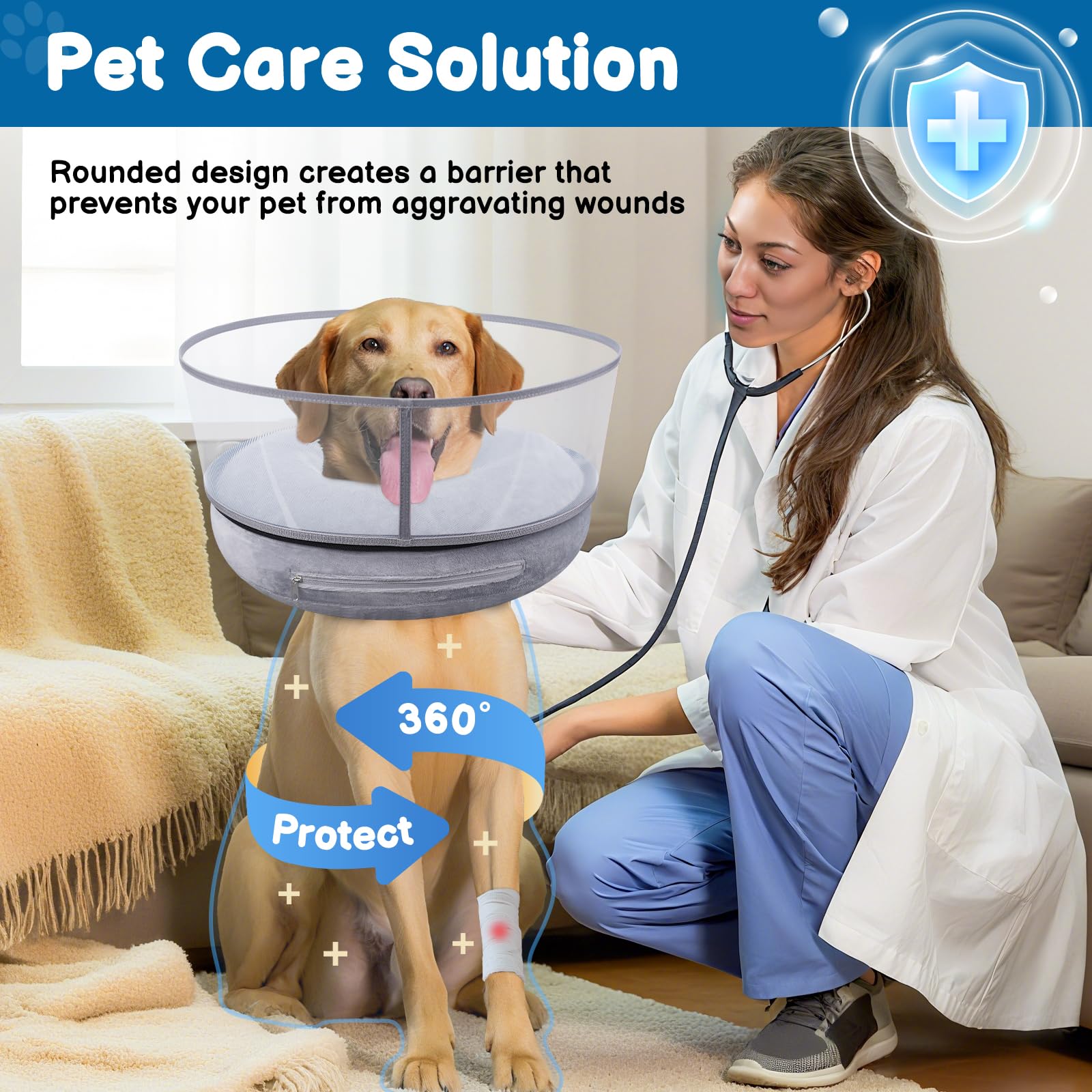 BARKLESS Collar Donut inflable, vista frontal, evita lamidos y facilita la recuperación.