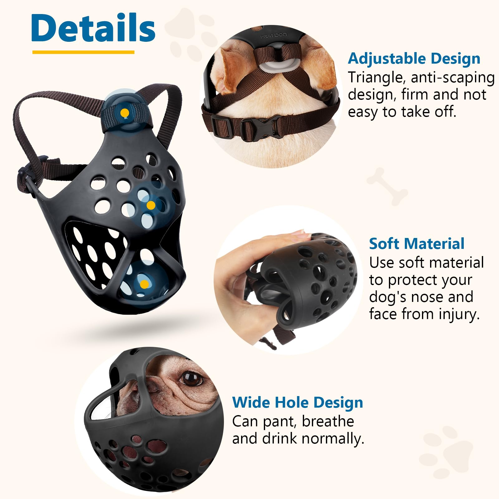 Mordaza Barkless con diseño de tres huecos para mejor ventilación.