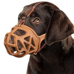 Muzzle Barkless visto de frente, protección suave durante paseos