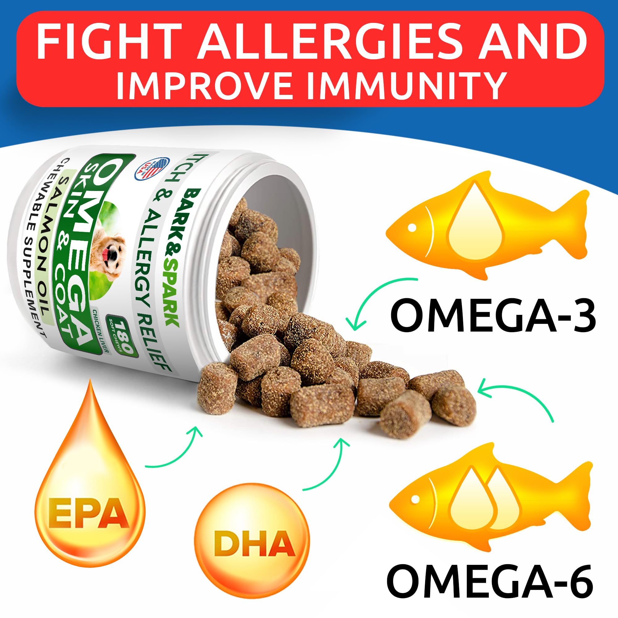 BARK&SPARK Omega 3, bocaditos de salmón para un pelaje brillante.